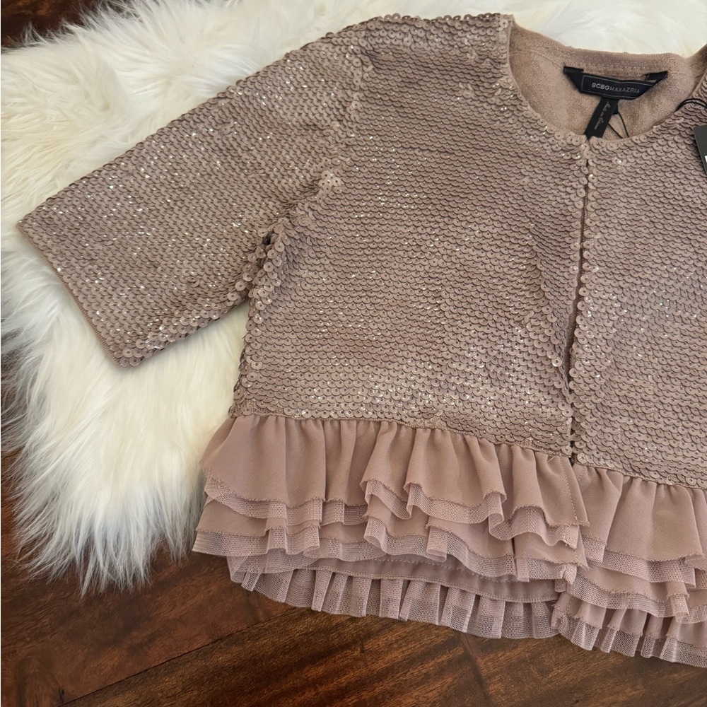 BCBG Taupe Sequin Crop Cardigan